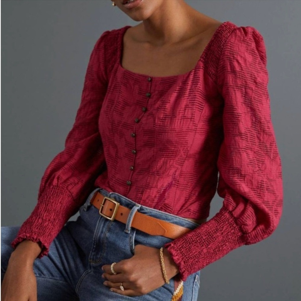 Anthropologie Milkmaid Blouse Puff Sleeve XS Red Jacquard Button Romantic Boho